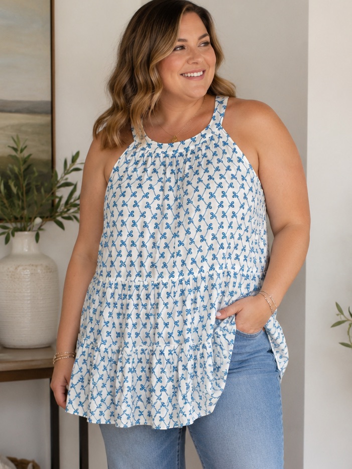 Nwt Torrid Size 2 2x Embroidered Babydoll Tank Top White Blue Tiered